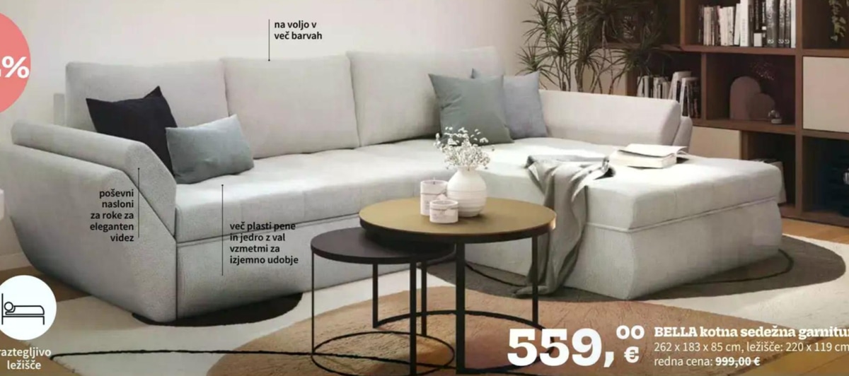 BELLA kotna sedežna garnitura - Akcija v trgovini Prima