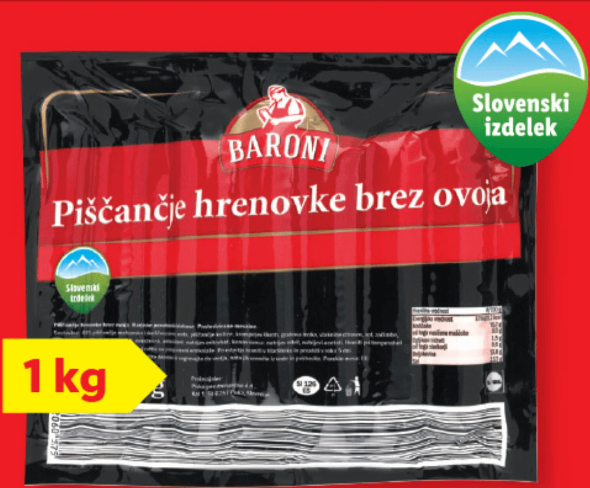 Piščančje hrenovke brez ovoja 1 kg Baroni - Akcija v trgovini Lidl