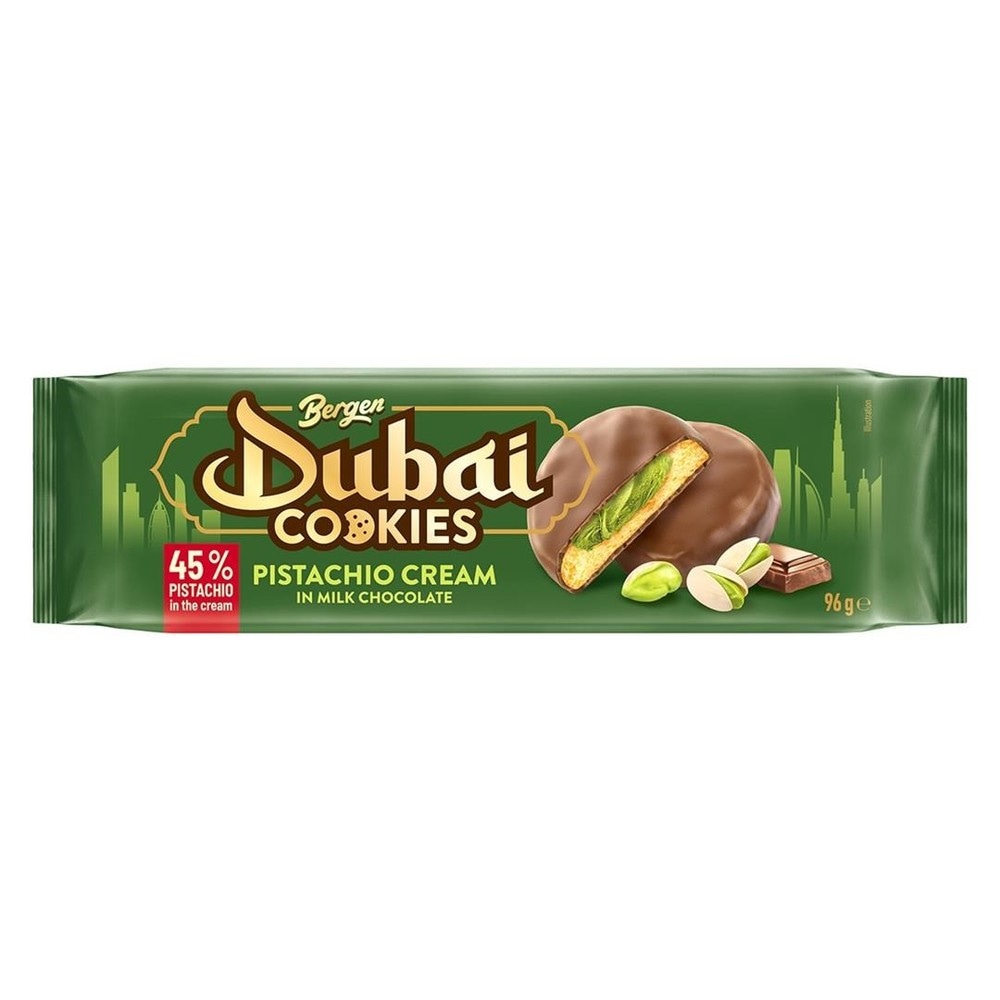 Bergen Dubai piškoti s pistacijevo kremo in mlečno čokolado 96 g - Akcija v trgovini Kompas Shop