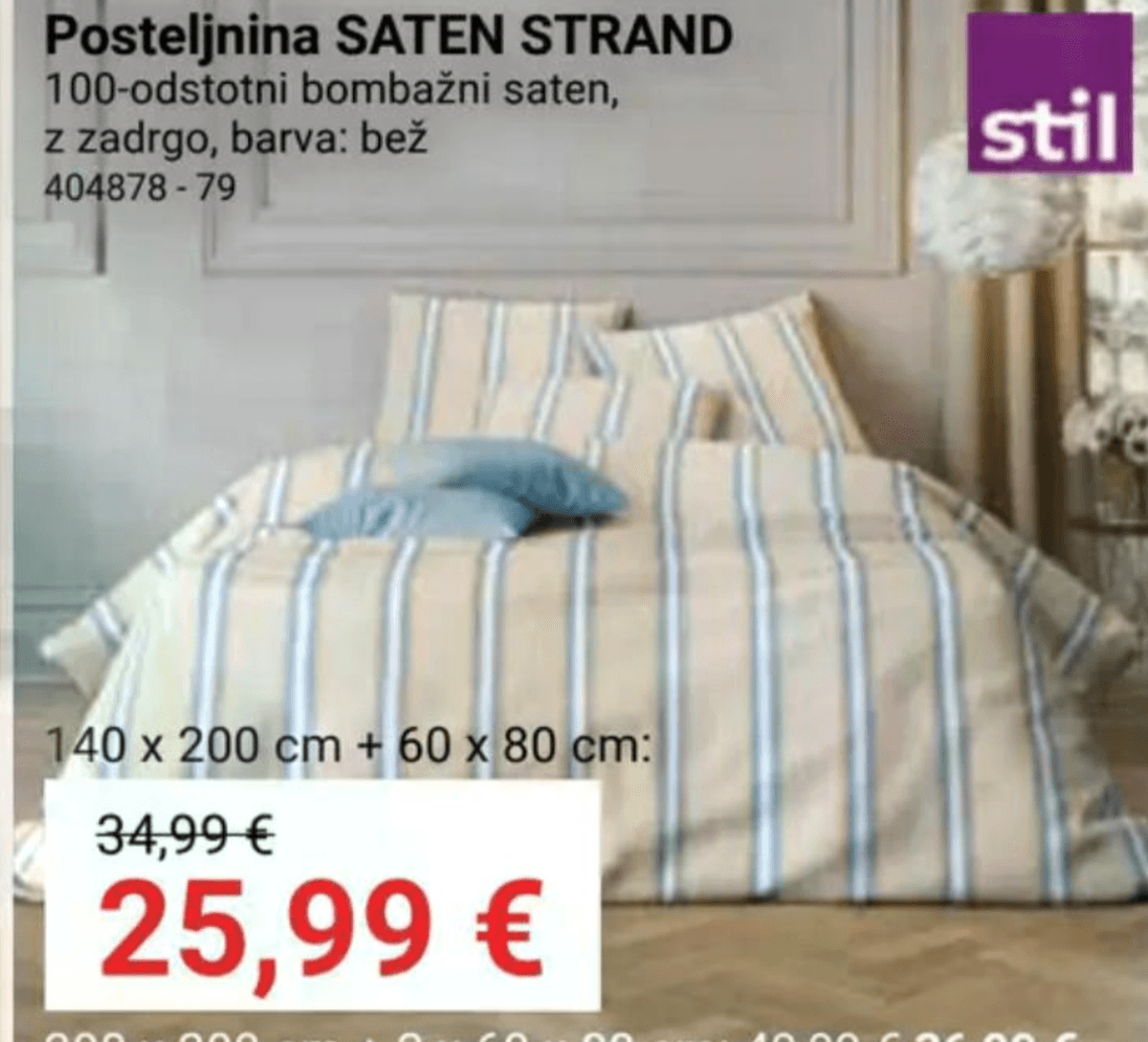 Posteljnina SATEN STRAND 140 x 200 cm + 60 x 80 cm STIL - Akcija v trgovini Pevex