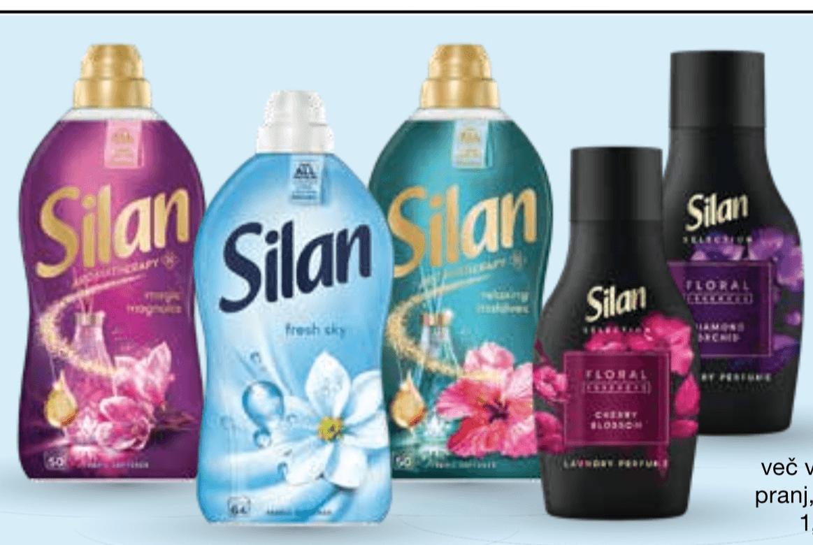 Mehčalec za perilo Silan 540 ml za 30 pranj, 1,1 I za 50 pranj, 1,408 I za 64 pranj - Akcija v trgovini Mercator