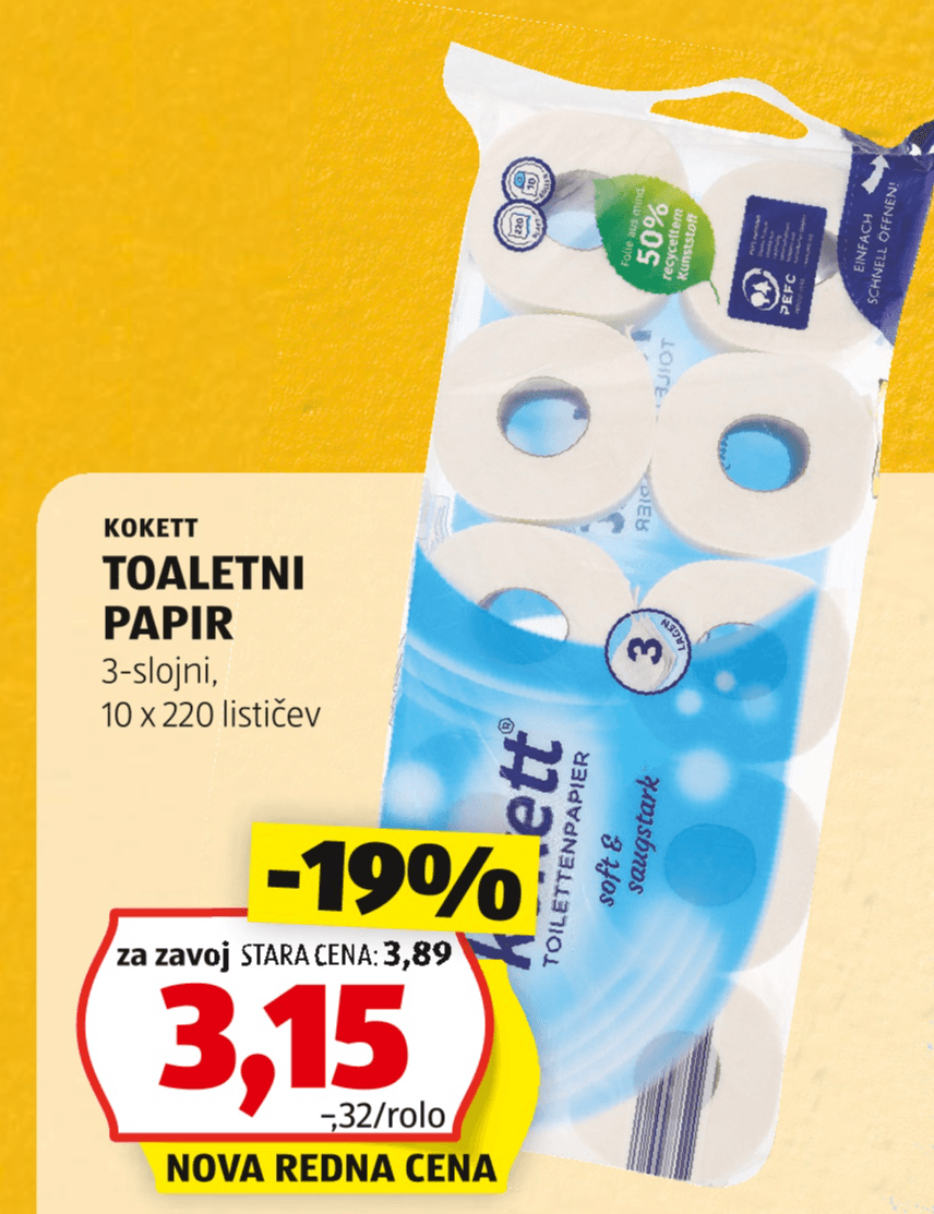 Toaletni papir 10 x 220 lističev KOKETT - Akcija v trgovini Hofer