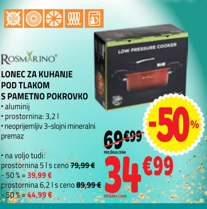 Lonec za kuhanje pod tlakom s pametno pokrovko 3,2 l Rosmarino - Akcija v trgovini E.Leclerc
