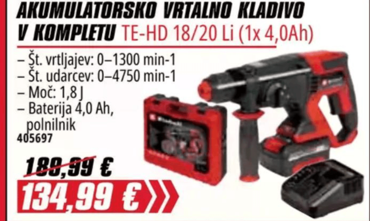 Akumulatorsko vrtalno kladivo TE-HD 18/20 Li Einhell - Akcija v trgovini Pevex