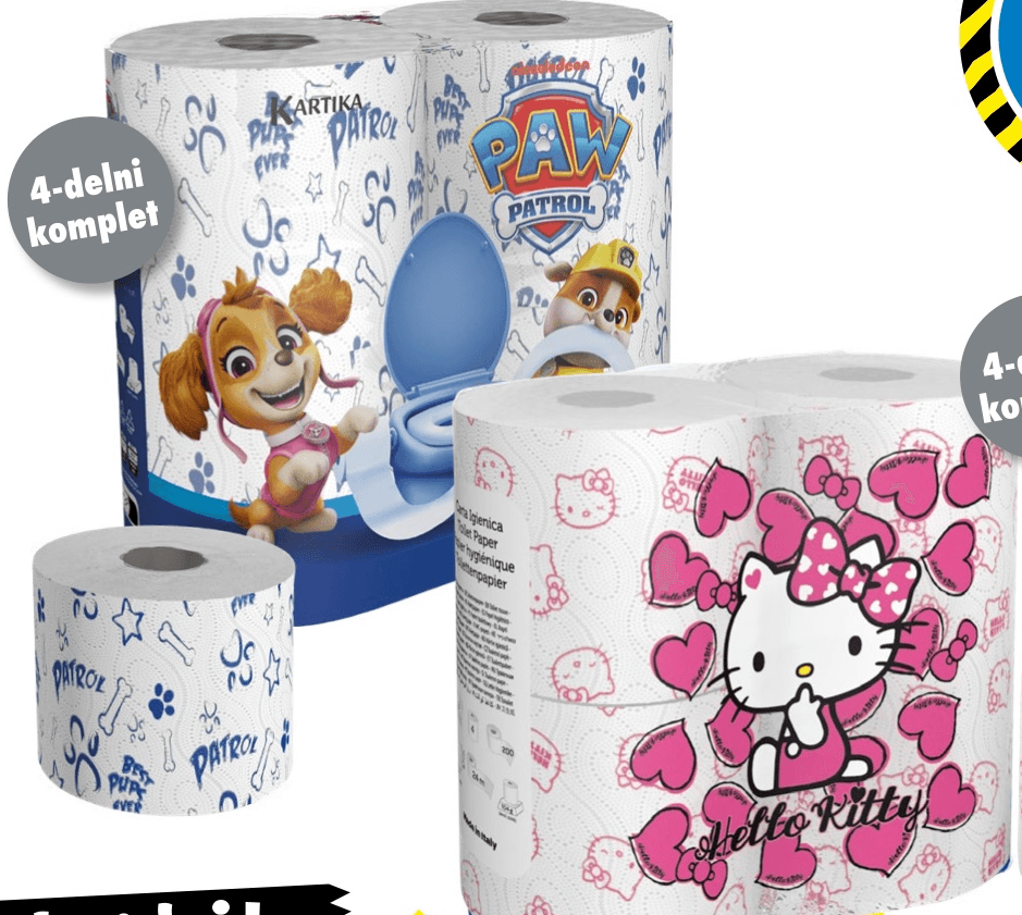 Toaletni papir Paw Patrol, Hello Kitty - Akcija v trgovini Tedi