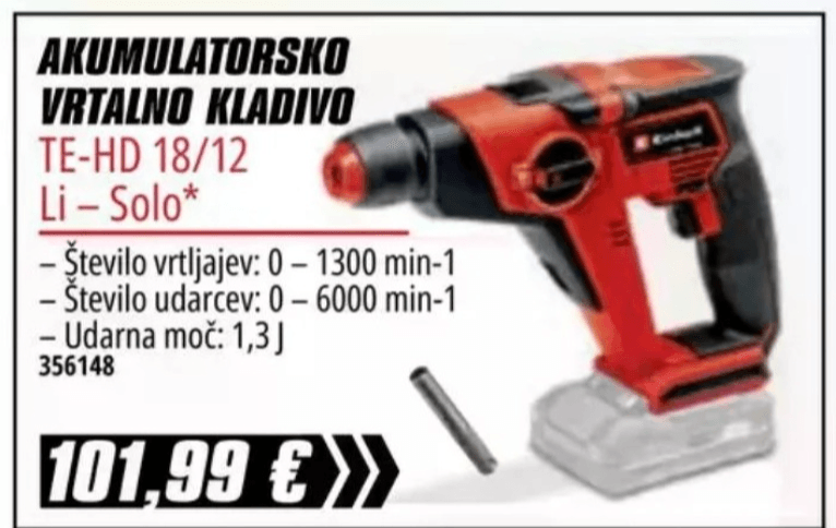 Akumulatorsko vrtalno kladivo TE-HD 18/12 Li Einhell - Akcija v trgovini Pevex