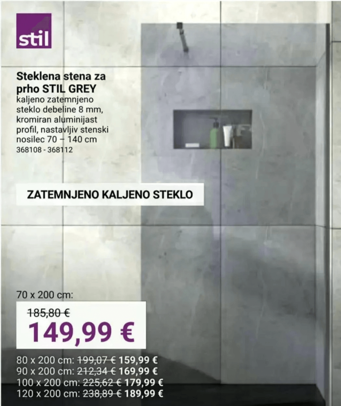 Steklena stena za prho STIL GREY 120 x 200 cm - Akcija v trgovini Pevex
