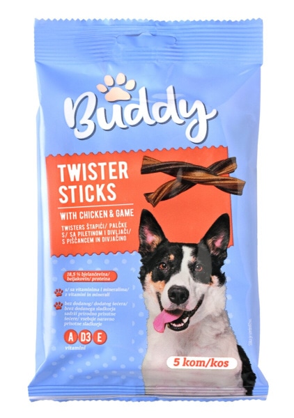 Prigrizek za pse Buddy Twister palčke 5 x 20 g - Akcija v trgovini Mercator