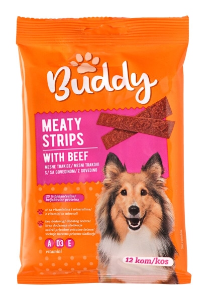 Prigrizek za pse Buddy Meaty Strips 12/1 - Akcija v trgovini Mercator