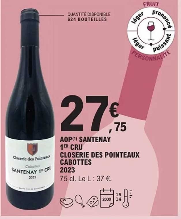 Santeny 1er Cru Closerie des Pointeaux Cabottes 0,75 l Akcija v trgovini E.Leclerc