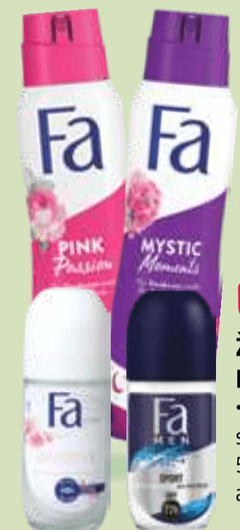 Ženski ali Moški deodorant Fa sprej 150 ml, roll on 50 ml ali stick 50 ml - Akcija v trgovini E.Leclerc