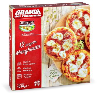 Mini pice Margherita 12 kosov, 1080 g Grandi del Risparmio Tre Mulini - Akcija v trgovini Eurospin
