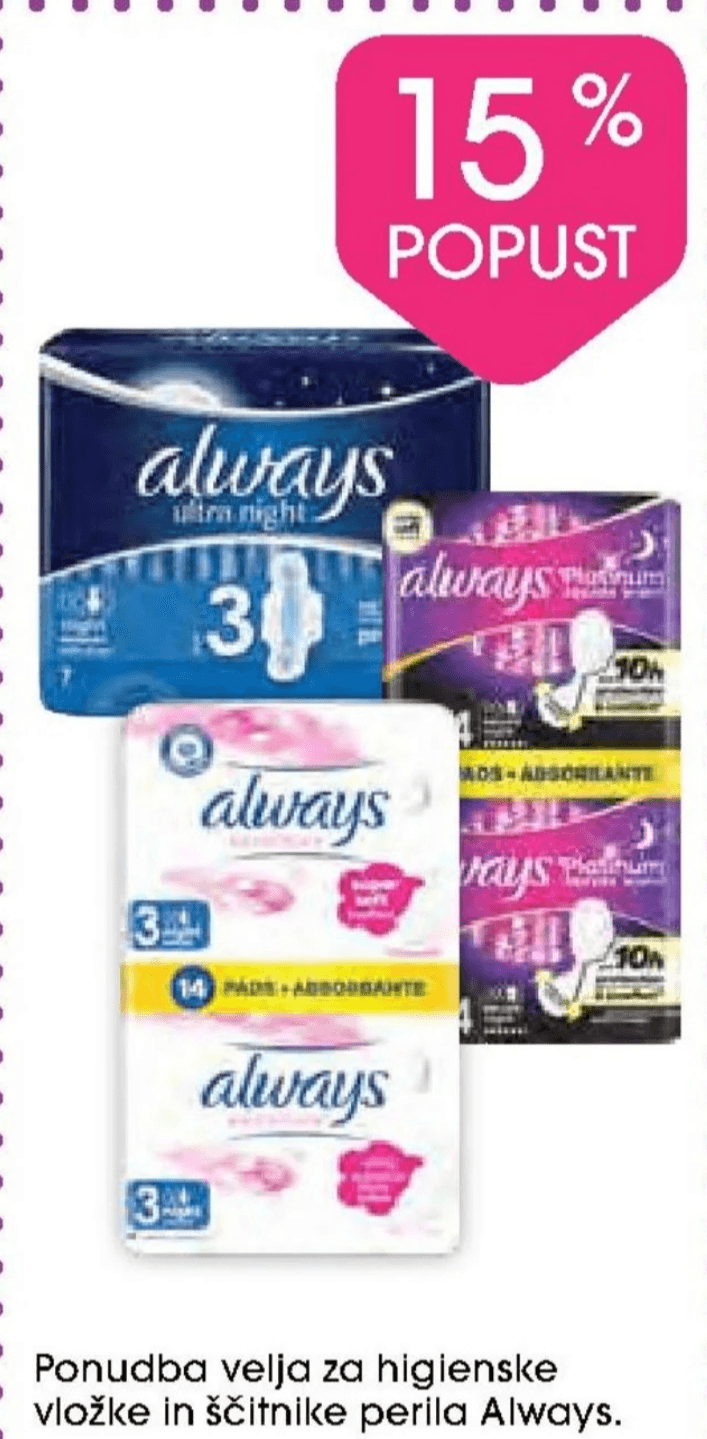 Always higienske vložke in ščitnike perila - Akcija v trgovini Tuš