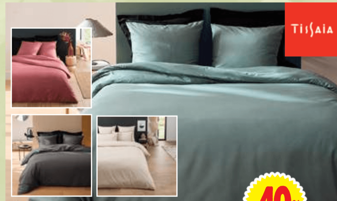 Enobarvni posteljni komplet 140 x 200 + 63 x 63 cm TISSAIA - Akcija v trgovini E.Leclerc