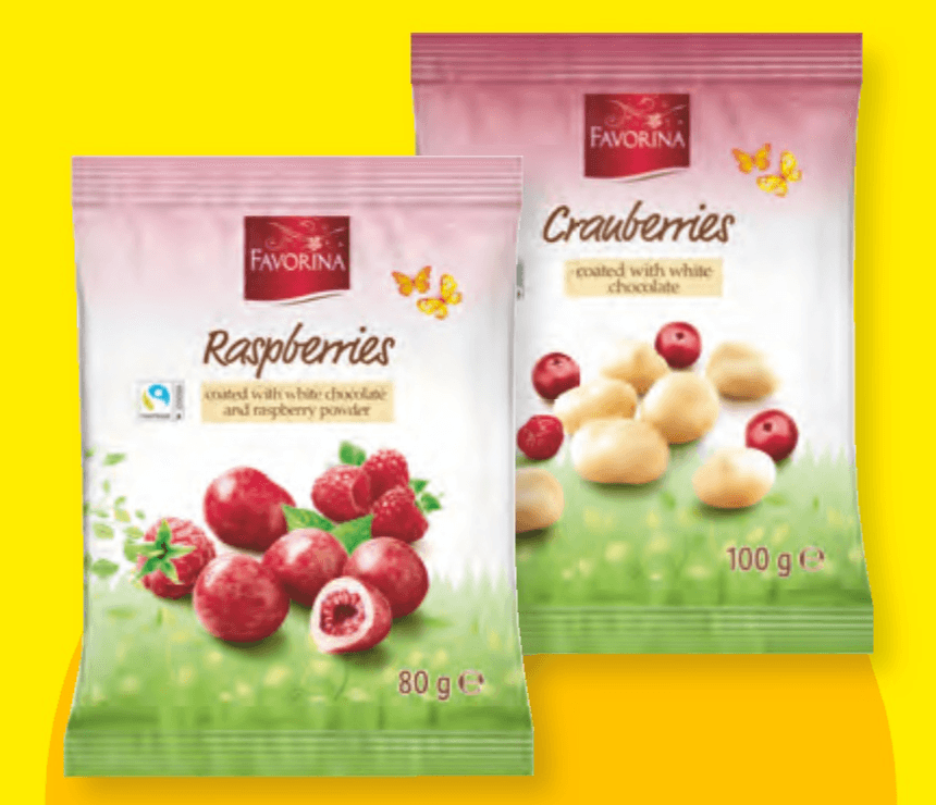Favorina Brusnice/maline oblite z belo čokolado 80 g - Akcija v trgovini Lidl