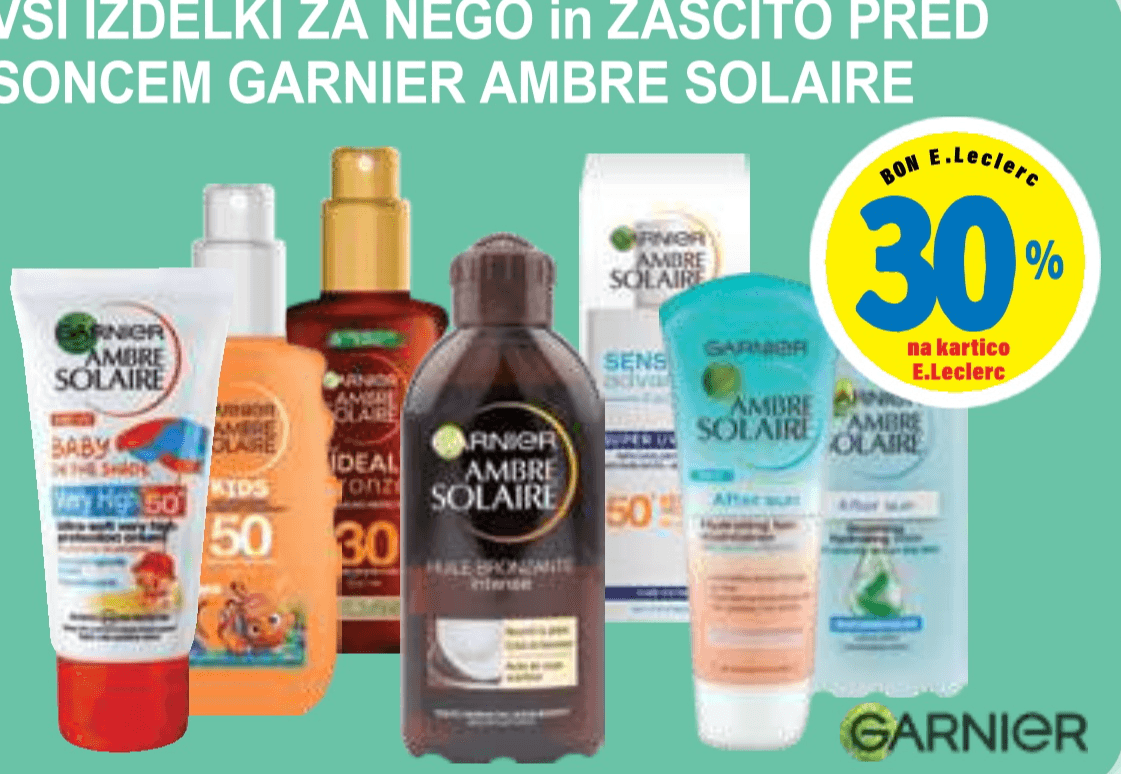 Vsi izdelki za nego in zaščito pred soncem Garnier Ambre Solaire - Akcija v trgovini E.Leclerc
