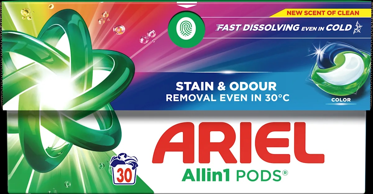 Ariel Stain & Odour All-In-1 kapsule za pranje barvnega perila 30 pranj Akcija v trgovini Dm