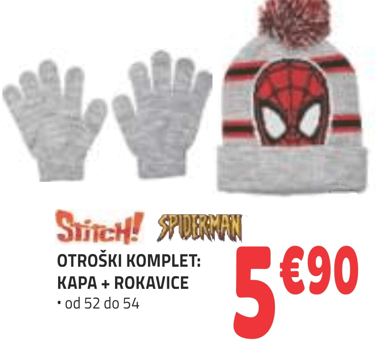Otroški komplet: Kapa + Rokavice Stitch! Spiderman - Akcija v trgovini E.Leclerc