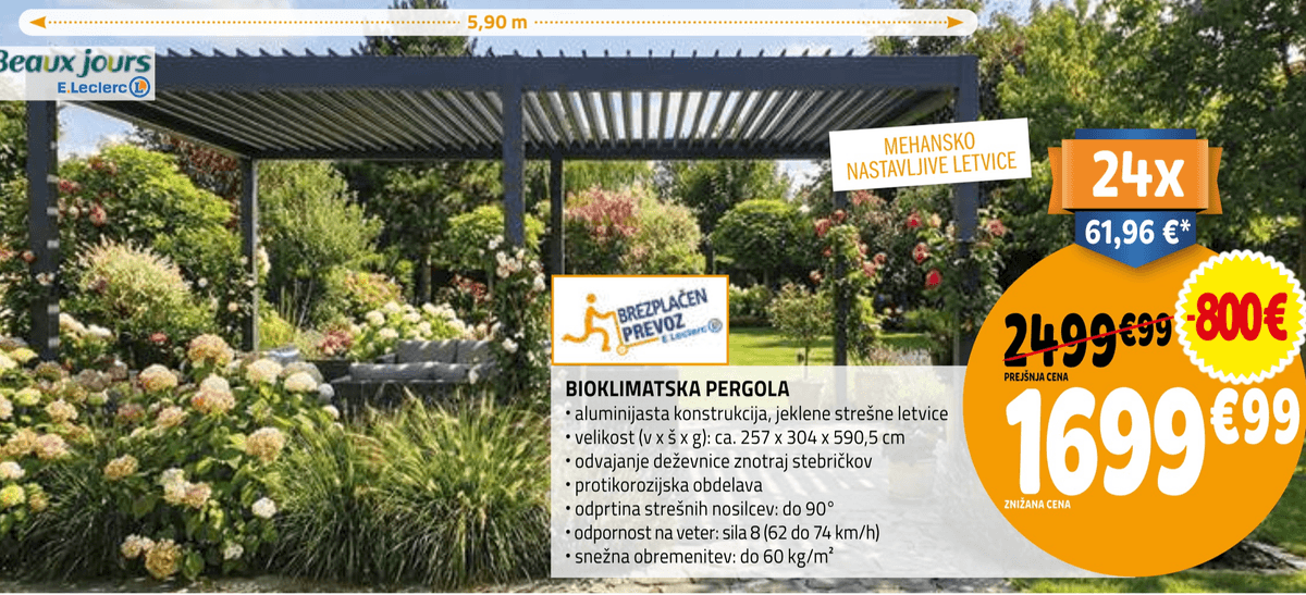 Bioklimatska pergola 5,90 m Beaux jours - Akcija v trgovini E.Leclerc