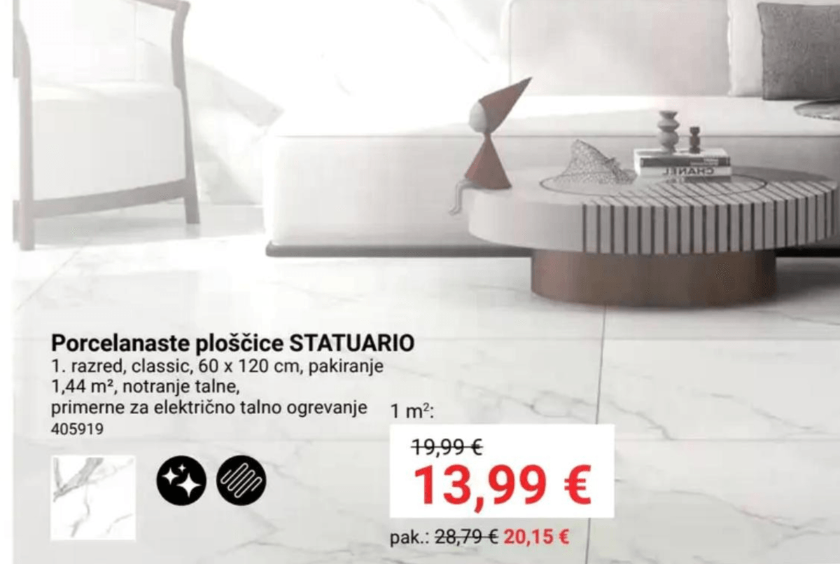 Porcelanaste ploščice STATUARIO 1 m² - Akcija v trgovini Pevex