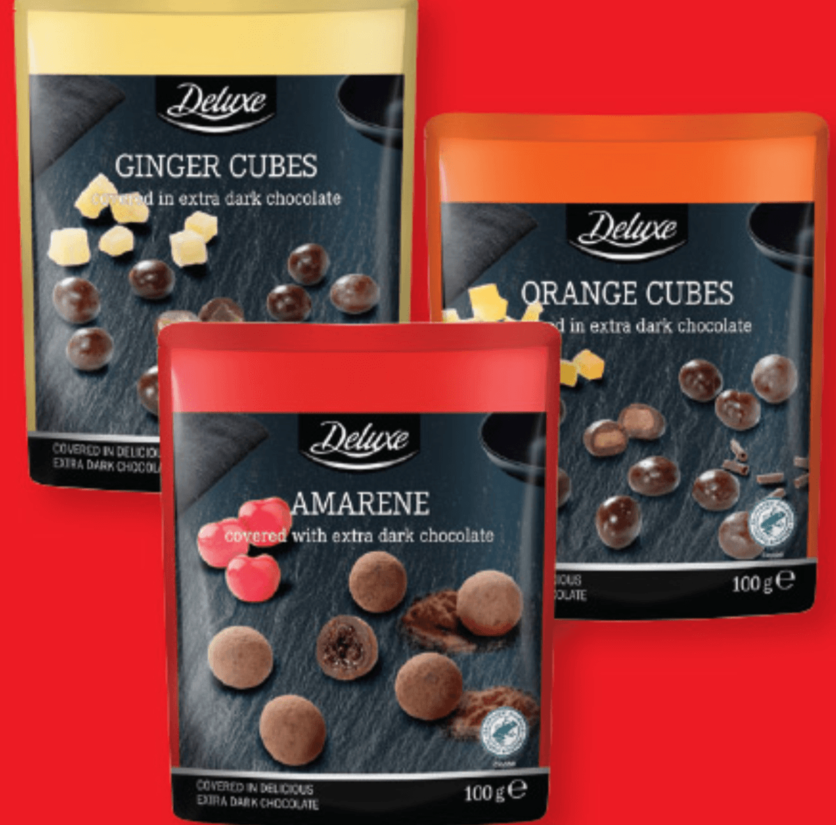 Deluxe Čokoladni dražeji s sadjem 100 g - Akcija v trgovini Lidl