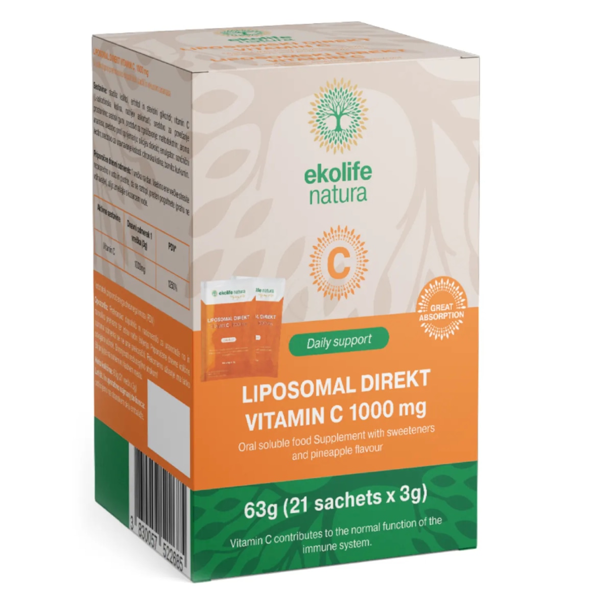 Ekolife Natura prehranski dopolnili Liposomski Direkt Vitamin C in Liposomski Direkt C+D3+Cink 1 vrečka ali 21 vrečk v škatli Akcija v trgovini E.Leclerc