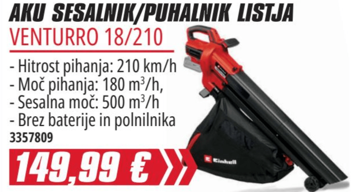 Aku sesalnik/puhalnik listja Venturro 18/210 Einhell - Akcija v trgovini Merkur