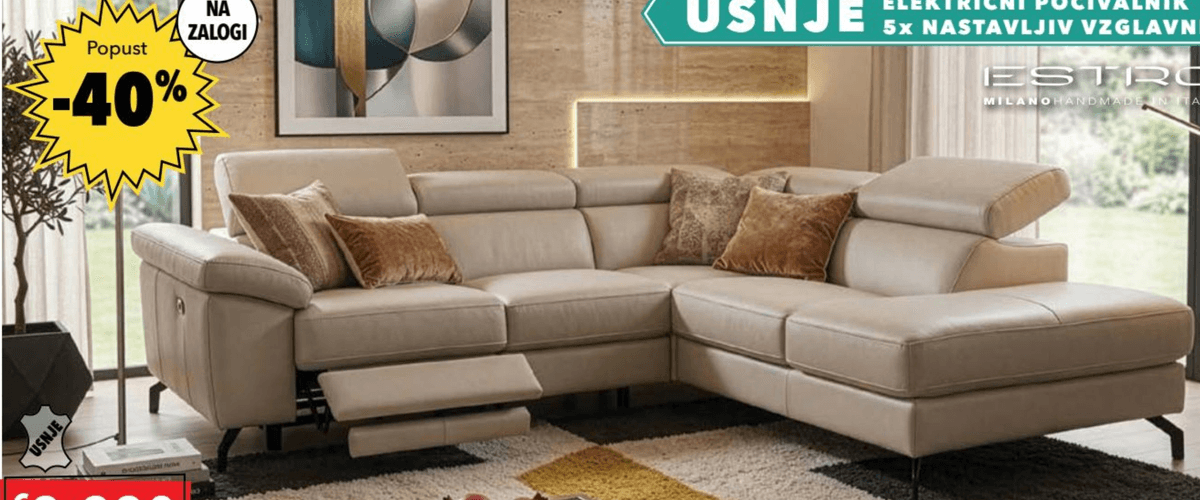 Usnjena kotna sedežna garnitura MONOPOLY ESTRO - Akcija v trgovini Harvey Norman