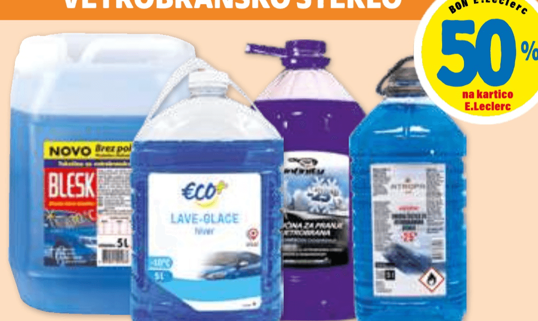 Vse označene zimske tekočine za vetrobransko steklo - Akcija v trgovini E.Leclerc