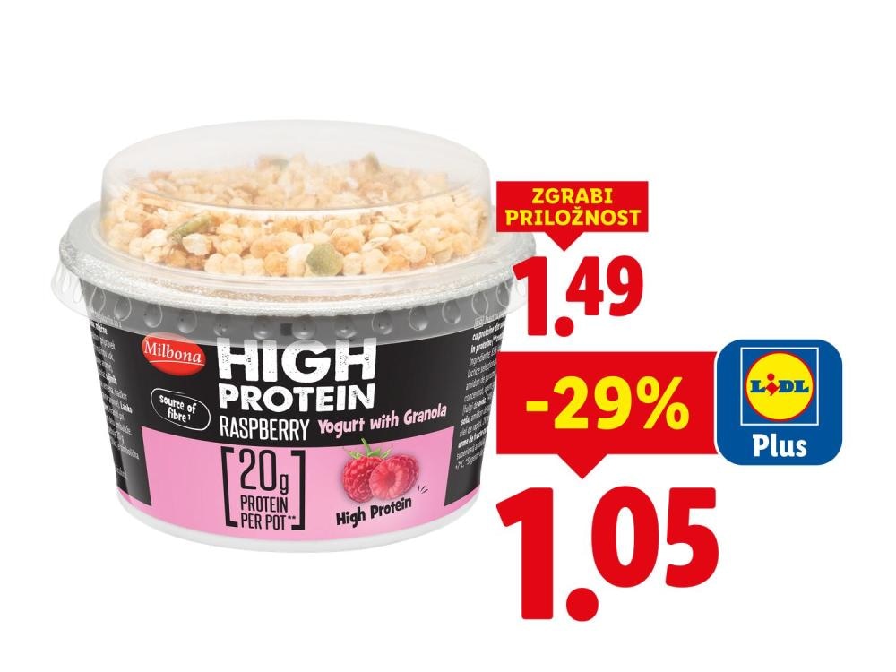 Milbona Proteinski jogurt z granolo in malinami 185 g - Akcija v trgovini Lidl