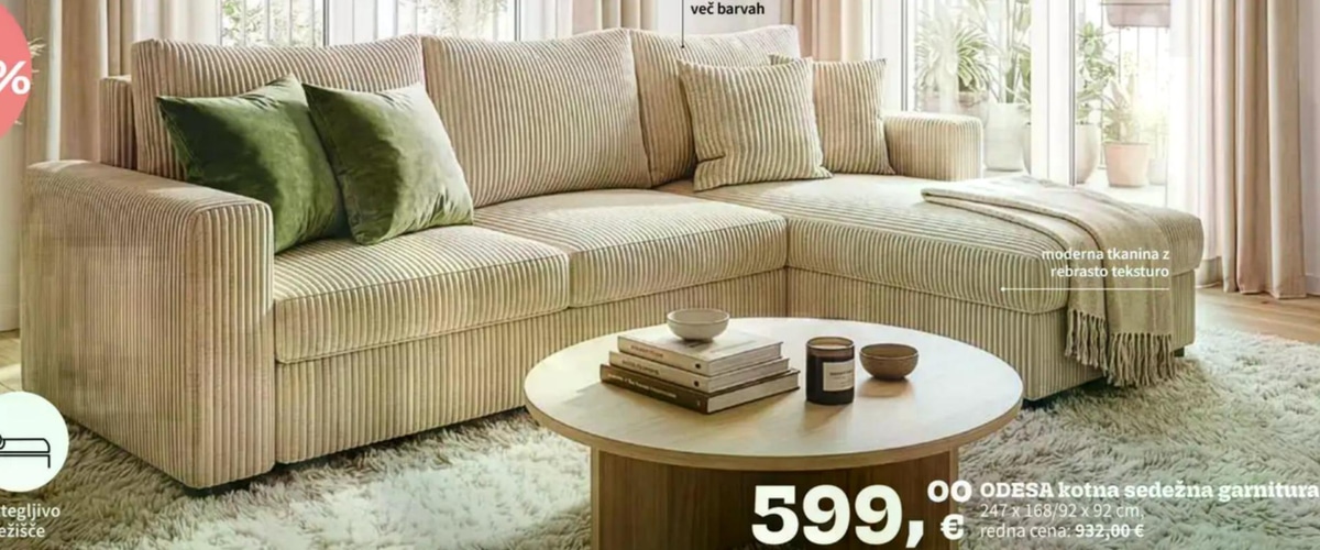 ODES kotna sedežna garnitura - Akcija v trgovini Prima