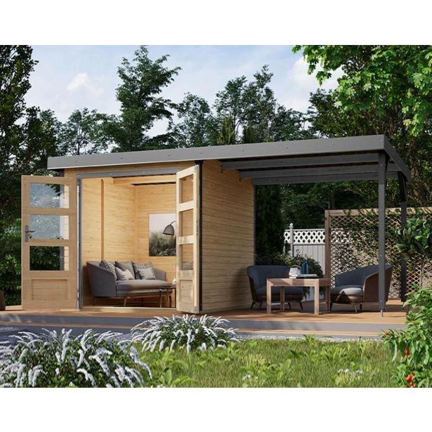 Lesena vrtna hiška Karibu Jupiter A Mere (d/š/v): 206/217/209 cm + nadstrešek dolžine 232 cm - Akcija v trgovini Merkur