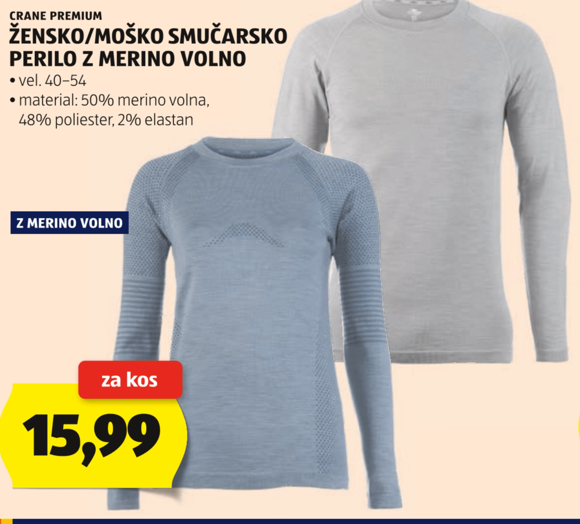 Žensko/moško smučarsko perilo z merino volno vel. 40-54 CRANE PREMIUM - Akcija v trgovini Hofer