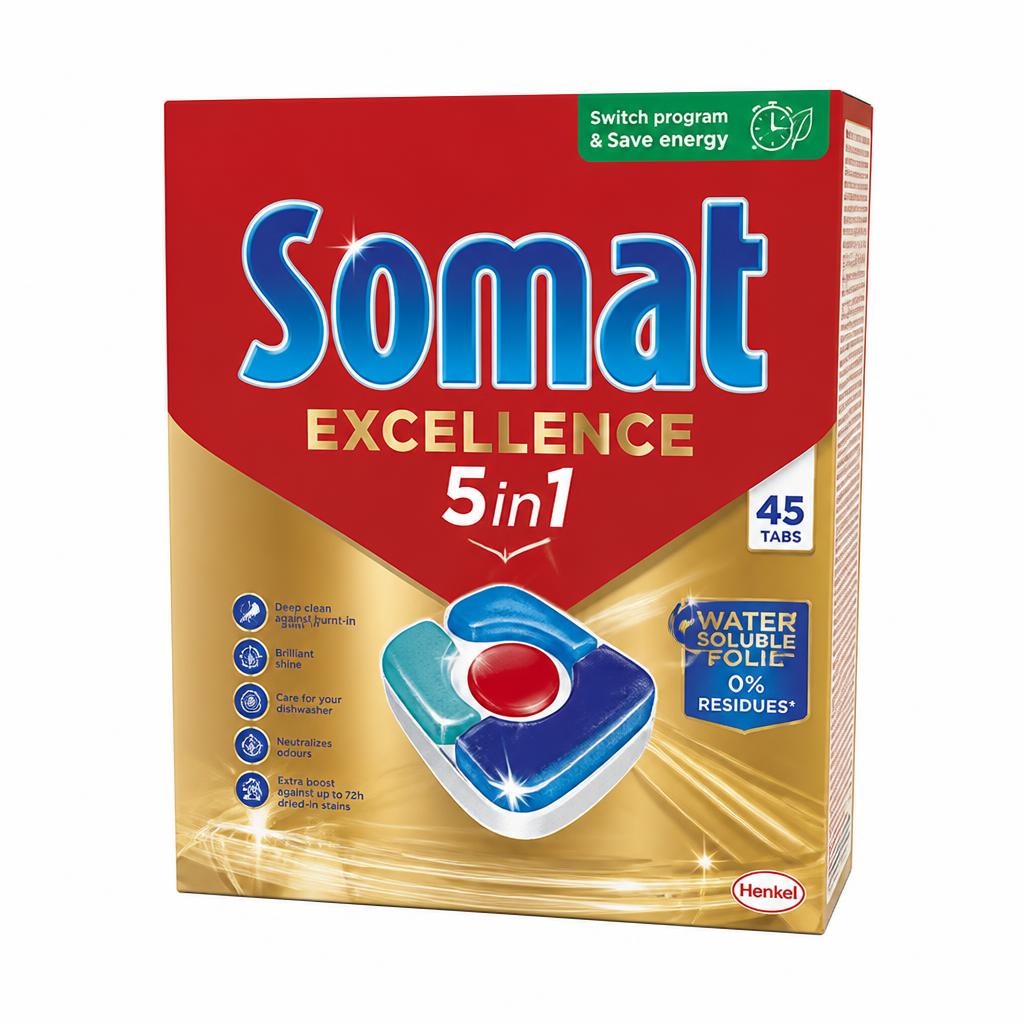 Somat Excellence tablete 5v1 65/1, 4v1 75/1, 3v1 88/1 ali gel duo 2x810 ml (90 pranj) Akcija u trgovini Spar