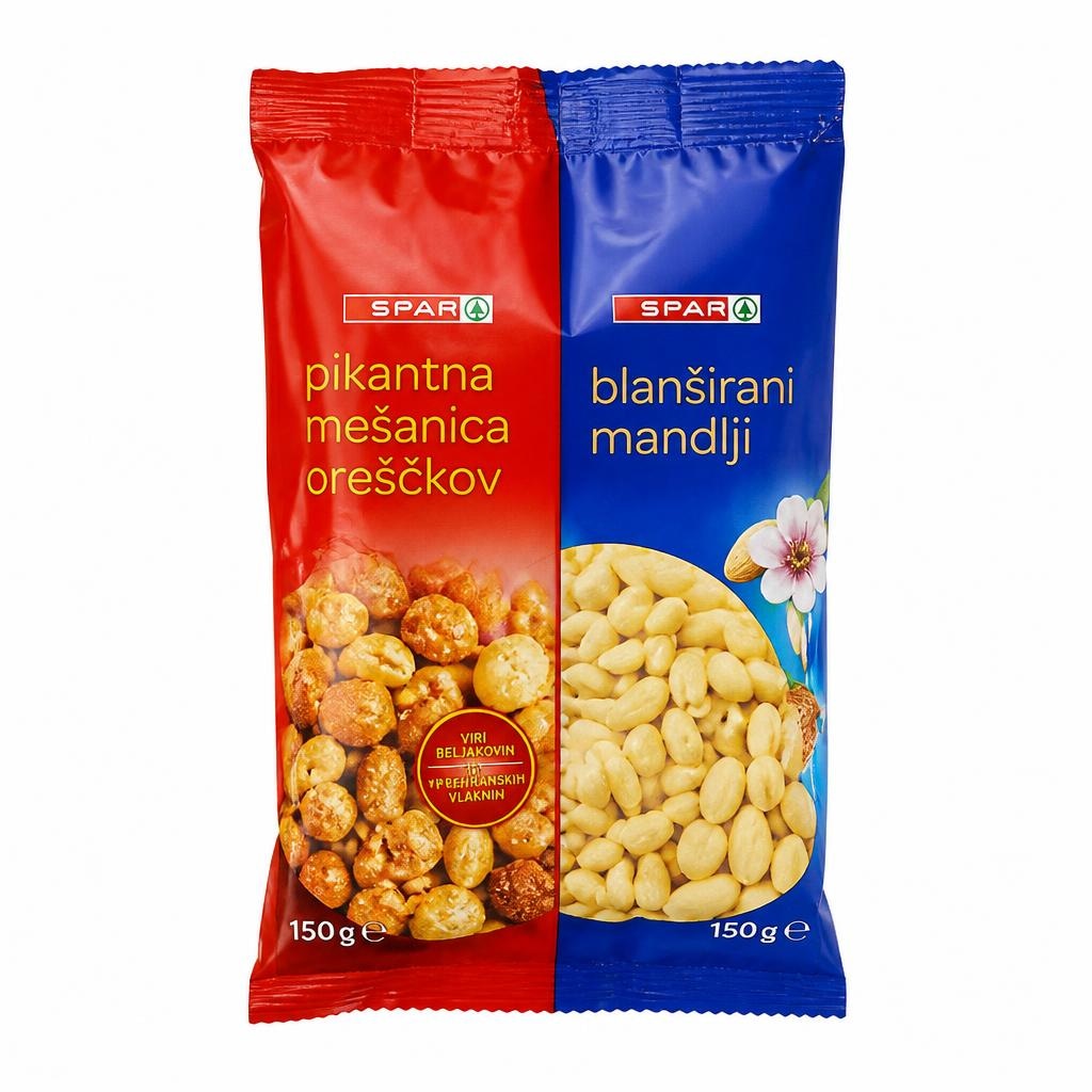 SPAR pikantna mešanica oreščkov ali blanširani mandlji 150 g Akcija v trgovini Spar