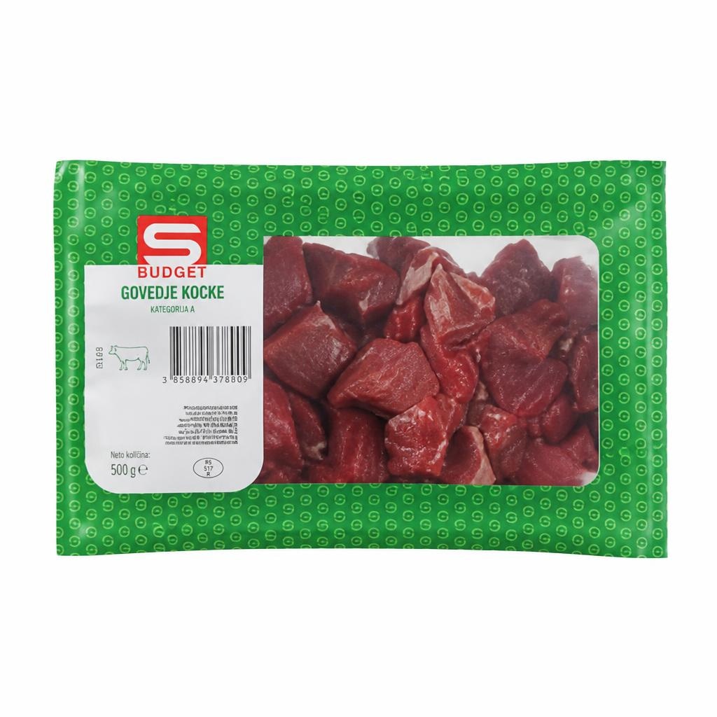 S Budget goveje kocke 500 g Akcija v trgovini Spar
