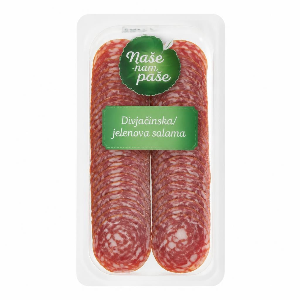NAŠE NAM PAŠE Divjačinska/jelenova salama 90 g - Akcija v trgovini Lidl