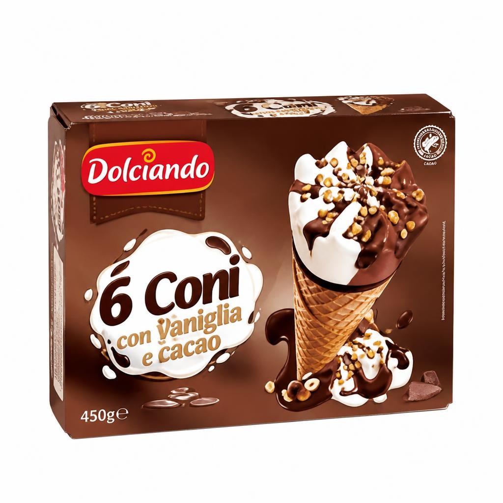 Dolciando korneti, vanilja in kakav 6 kosov / 450 g Akcija v trgovini Eurospin