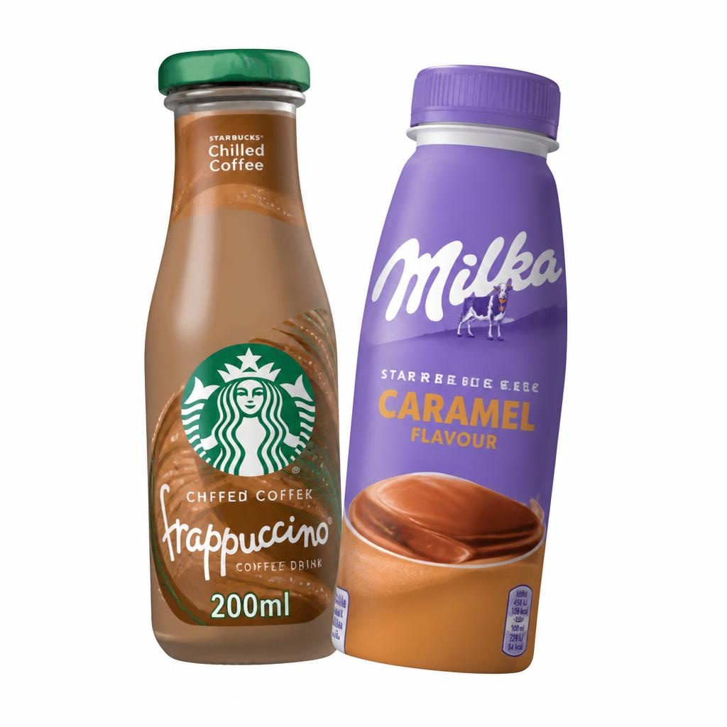 Kava Starbucks in mlečni napitek Milka 220 ml, 250 ml in 300 ml Starbucks, Milka Akcija v trgovini E.Leclerc