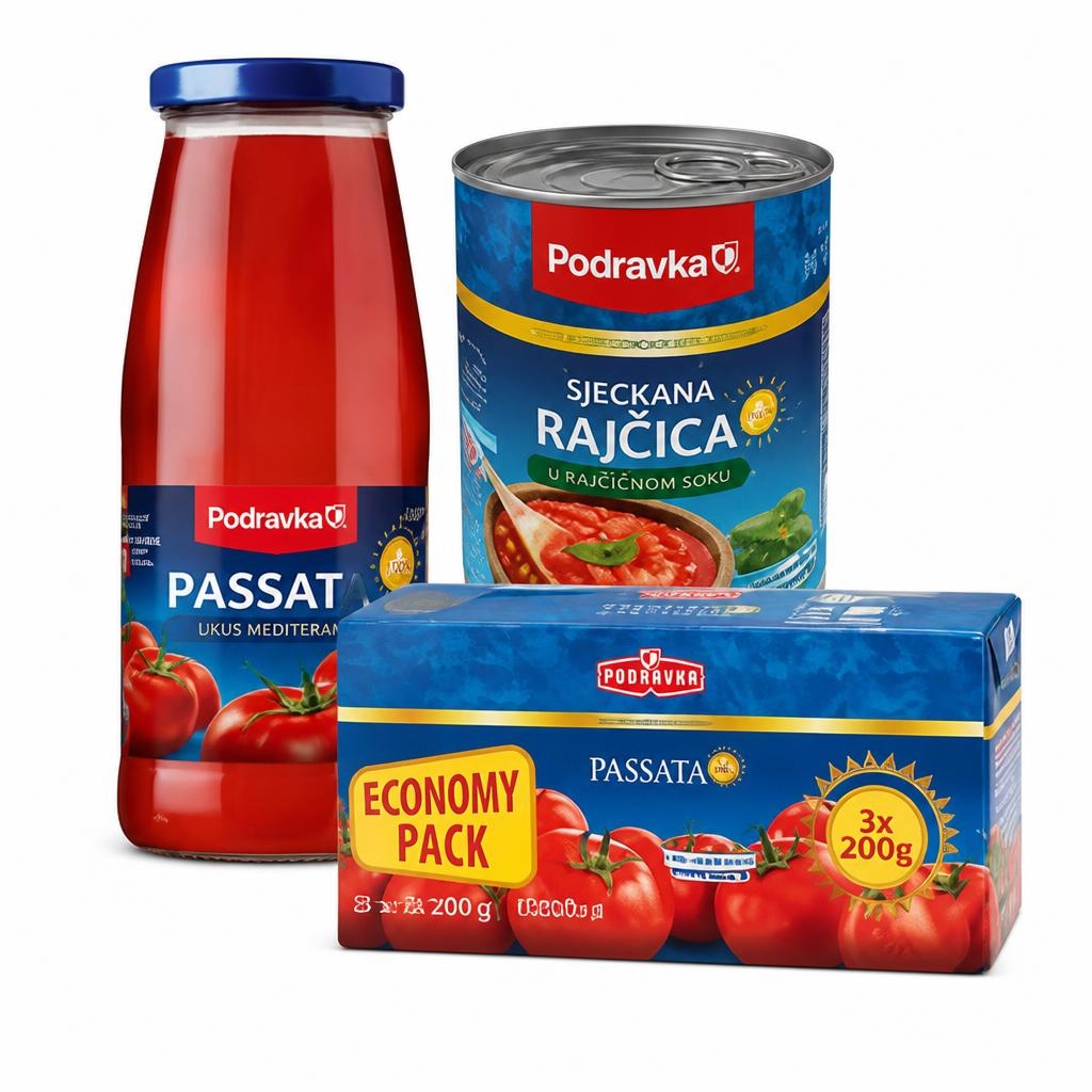 Izdelki iz paradižnika Podravka 400 g ali 3 x 200 g Akcija v trgovini Tuš