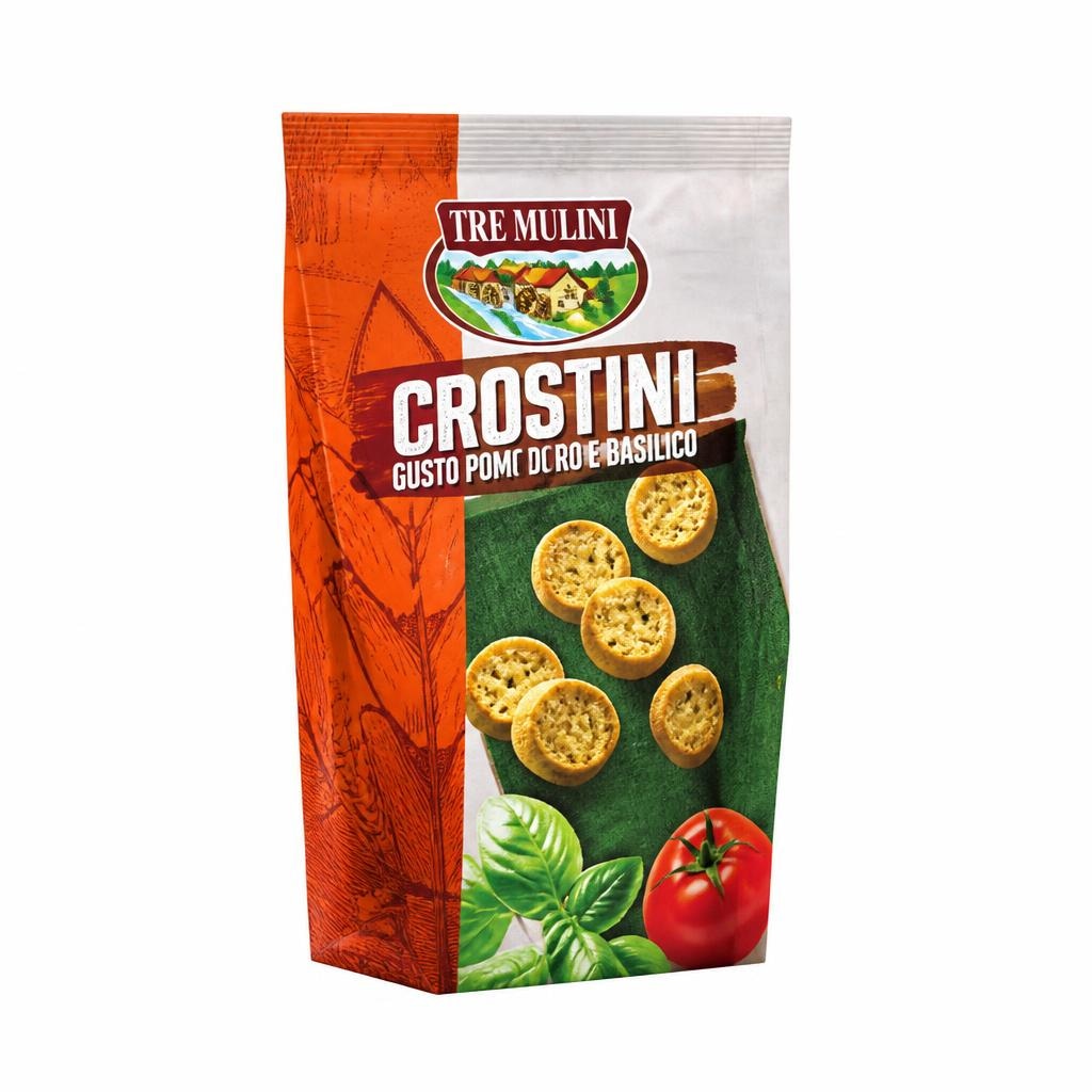 Tre Mulini prigrizek crostini s paradižnikom in baziliko 100 g Akcija v trgovini Eurospin