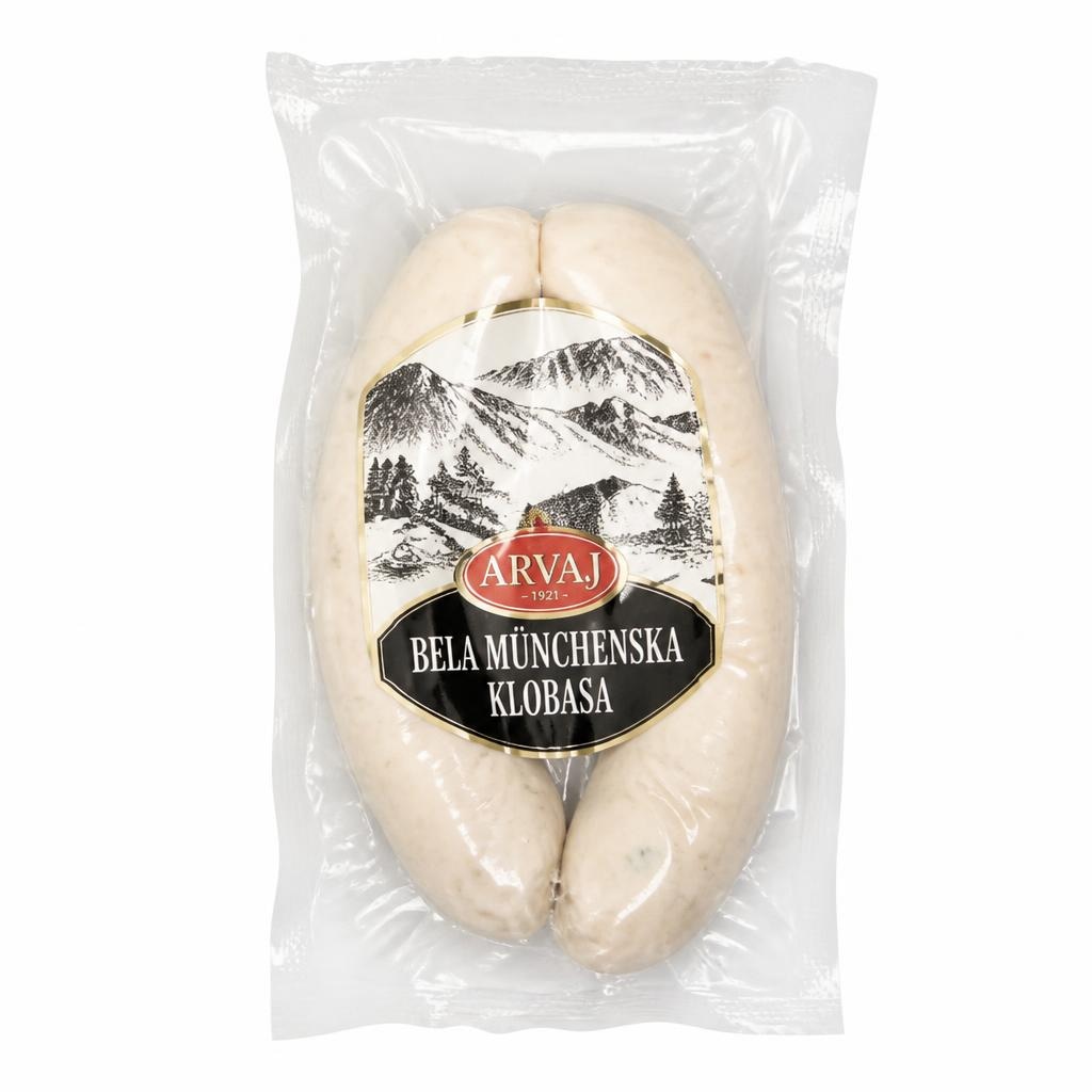 Bela Münchenska klobasa Arvaj Akcija v trgovini E.Leclerc
