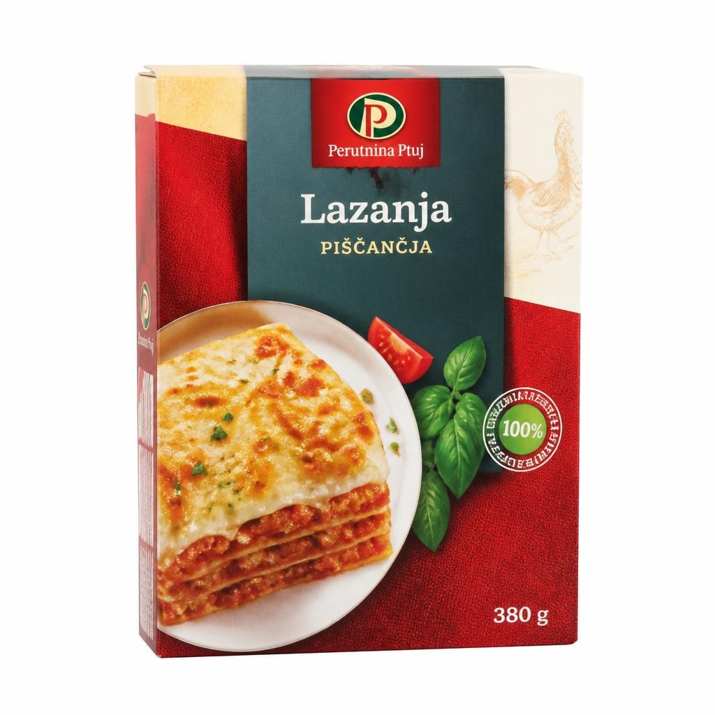 Piščančja lazanja Perutnina Ptuj ali metuljčki s piščancem in rikoto 370 g ali 380 g Akcija v trgovini Mercator