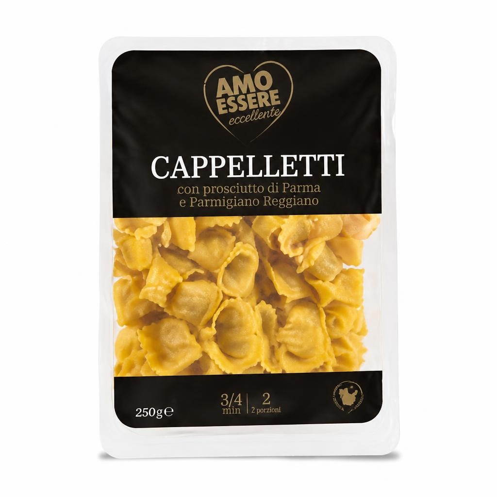Kapeleti s pršutom iz Parme in sirom Parmigiano Reggiano 250 g Amo Essere Eccellente Akcija v trgovini Eurospin