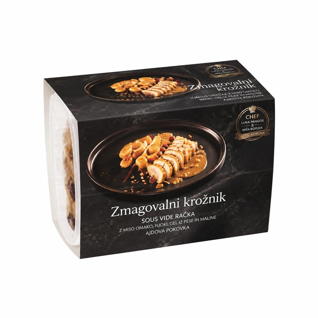 Zmagovalni krožnik Ekskluzivno Luka Pangos in Miša Kopliva Sous vide račka z miso omako njoki gel iz pese in maline ajdova pokovka 900 g Akcija v trgovini Spar
