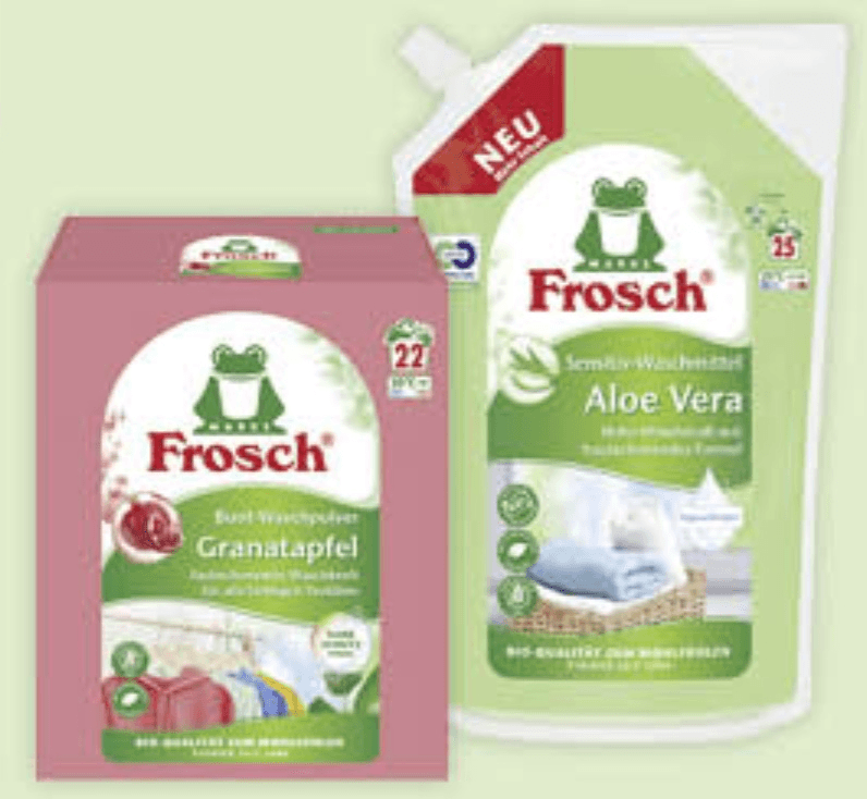 FROSCH pralni prašek ali tekoče sredstvo 22 pranj (prašek), 1,45g (prašek), 24-25 pranj (tekoče), 1,44 L ali 1,5 L (tekoče)