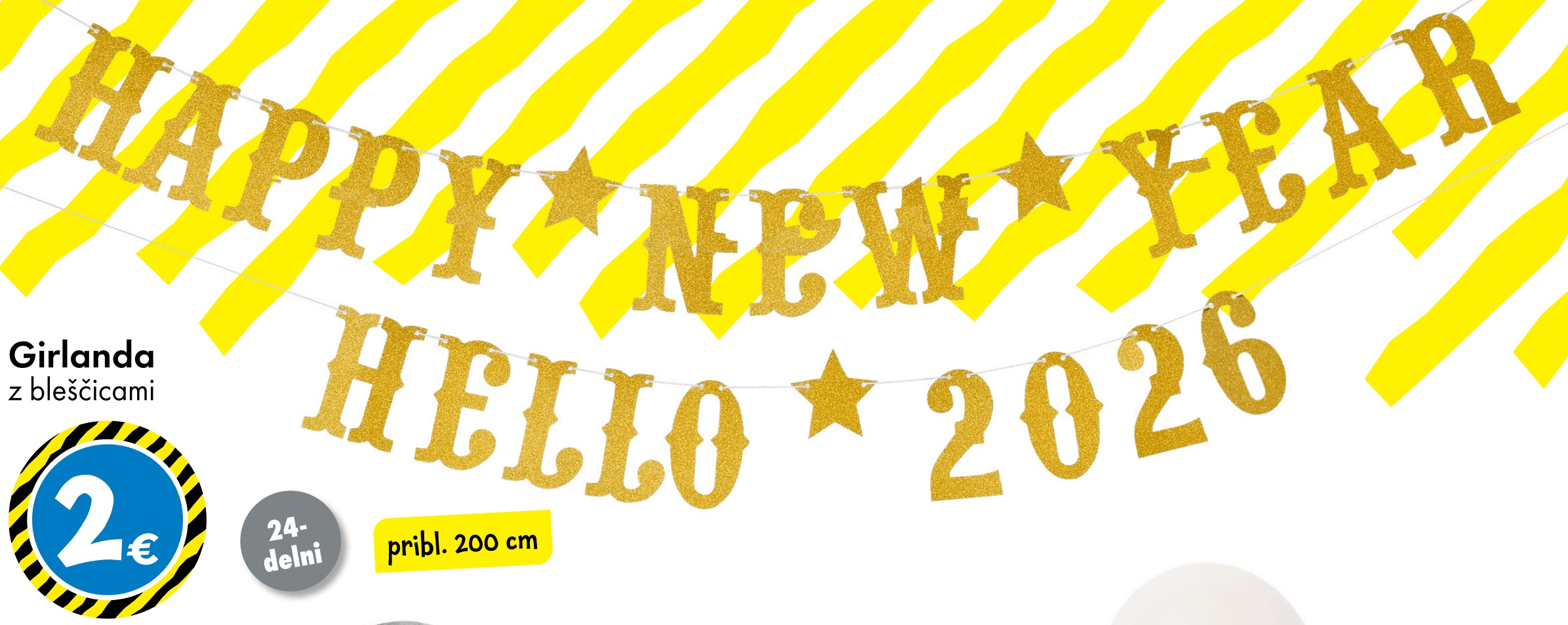 Girlanda z bleščicami Happy New Year Hello 2026 24-delni