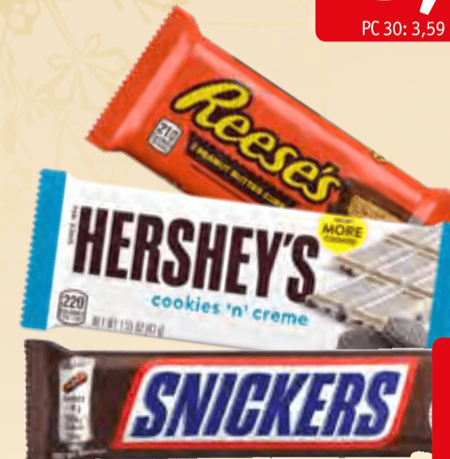 Hershey's, Reese's, Twix, Snickers Hershey's 43 g, Reese's 42 g, Twix 50 g, Snickers 50 g