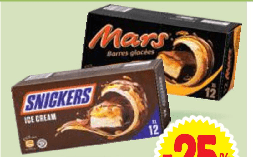 Sladoledne ploščice Mars ali Snickers 12/1, 447.6 g - 547 g
