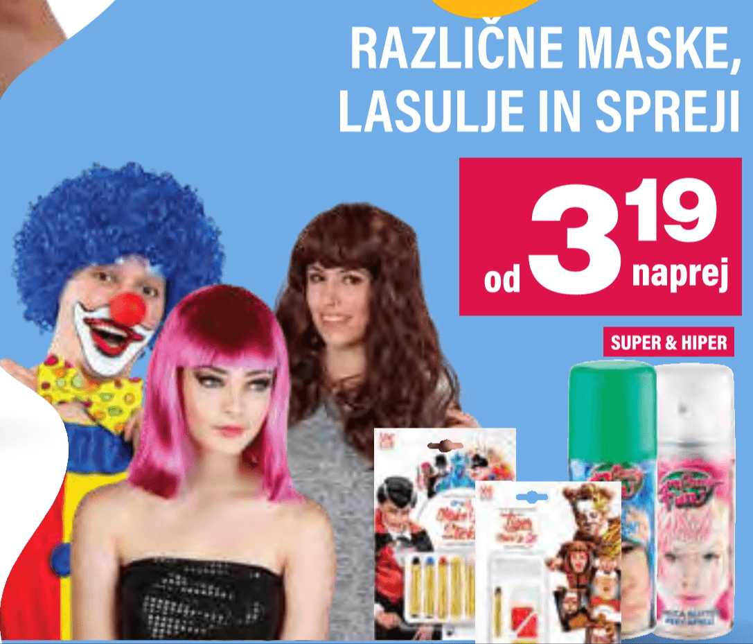 Različne maske, lasulje in spreji